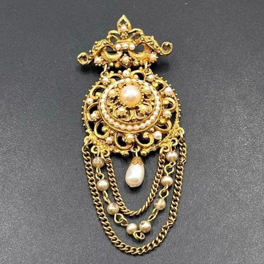 Florenza Vintage Renaissance Revival Faux Pearl‎ Festoon Victorian Dangle Brooch